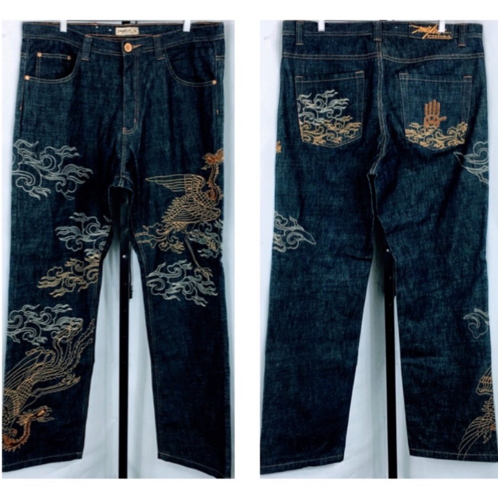 Miskeen Originals Vintage Embroidered Asian Crane and Dragon Artwork Denim Jeans